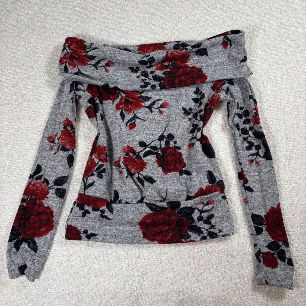 BCX y2k gray black red floral off shoulder sweater coquette chic romantic goth - Picture 2 of 6